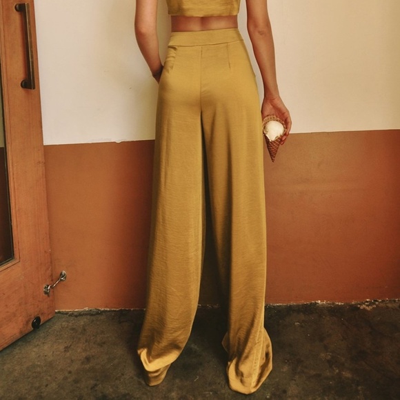 Le Rumi Arabella Mustard Gold Satin Wide Leg Trousers - Picture 2 of 5